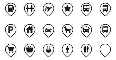 Set of Black and White Location Pin Icons for Maps and Navigation Applications Representing Various Points of Interest and Services vector