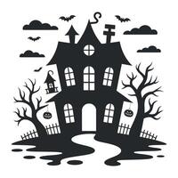 Spooky Haunted House Silhouette with Bats Clouds Pumpkins Trees and Fence for Halloween Illustration Graphic Design Element vector