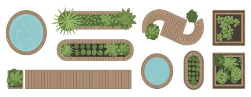 Garden Design Elements Top View with Pools Wooden Paths and Potted Plants for Landscaping and Architectural Planning Isolated on White Background vector