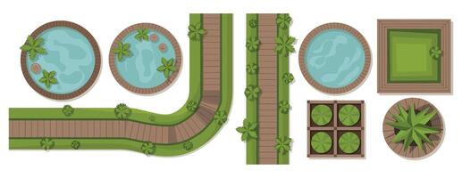 Top View Garden Design Elements with Pools Paths and Plants for Landscape Architecture and Outdoor Space Planning in Illustration vector