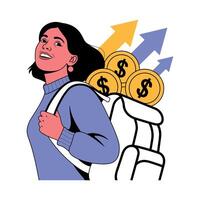 Woman with Backpack Full of Money and Arrows Pointing Upwards Symbolizing Financial Success and Growth Isolated on White Background vector