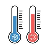 Two Thermometers Indicating Cold and Hot Temperatures Representing Weather Changes Seasonal Variations and Climate Conditions with Snowflake and Sun Symbols vector
