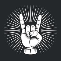 Rock and roll hand gesture with radial rays on a dark background illustration for music and entertainment vector