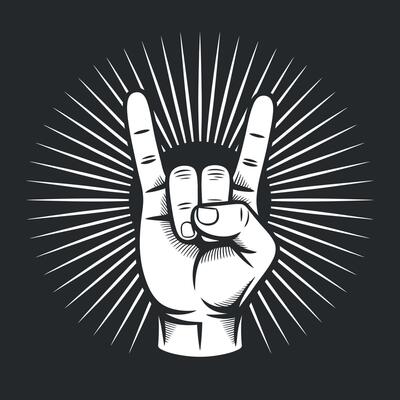 Rock and roll hand gesture with radial rays on a dark background illustration for music and entertainment
