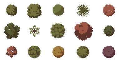 Collection of fifteen tree top view illustrations for landscape design and architectural visualization in green brown and red colors vector