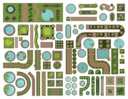 Collection of Top View Garden Elements for Landscape Design and Architecture Visualization Including Ponds Paths and Greenery vector