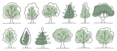 Set of Twelve Hand Drawn Trees with Green Canopy and Brown Trunk on White Background Minimalist Style Illustration vector
