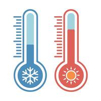 Two Thermometers Indicating Hot and Cold Temperatures with Sun and Snowflake Icons on a White Background Illustration vector