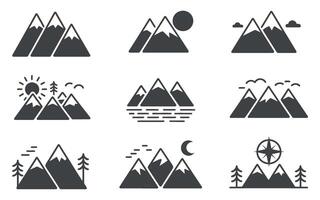 Set of Nine Mountain Icon Designs with Various Elements Like Sun Moon Trees Water Clouds Birds and Compass in a Simple Flat Style vector