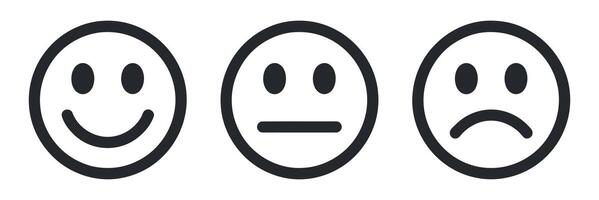 Three Basic Emoticons Showing Happy Neutral and Sad Moods in Black and White for Feedback and Survey Applications vector