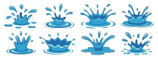 Collection of Eight Cartoon Water Splash Illustrations on a White Background Perfect for Designs Related to Cleanliness Refreshment and Natural Resources vector