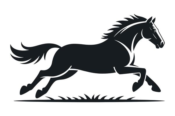 Elegant Black Horse Galloping Silhouette on White Background with Grass Illustration for Logo Icon or Design Element