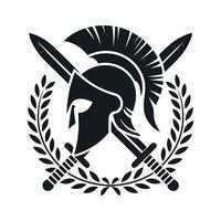Spartan Helmet with Crossed Swords and Laurel Wreath Symbol of Strength Courage and Victory in Black and White Style vector
