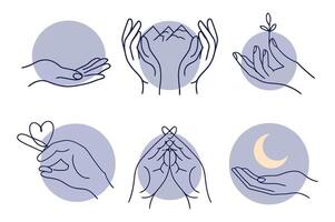 Collection of Minimalist Hand Gestures with Nature Elements and Spiritual Symbols in a Modern Line Art Style Illustration vector