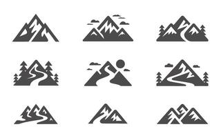 Collection of Mountain Icons with Various Features Like Trees Clouds River and Sun Representing Nature Adventure and Outdoor Activities in a Simple Style vector