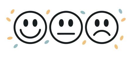 Three Emoji Faces Showing Different Emotions Happy Neutral and Sad on a White Background with Confetti Style Accents vector
