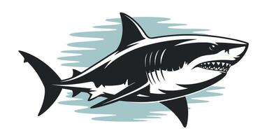 Stylized Great White Shark Illustration with Open Mouth and Visible Teeth Dark Gray and White Color Scheme on Light Blue Background vector