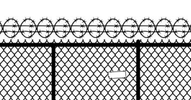 Black and White Chain Link Fence Topped with Barbed Wire with a Sign Attached to the Fence in Format vector