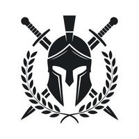 Spartan Helmet with Crossed Swords and Laurel Wreath Symbolizing Victory and Strength in Black and White Design vector