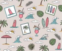 Hello Summer, pattern with surfboard, palm tree and wave, hand drawn illustration vector
