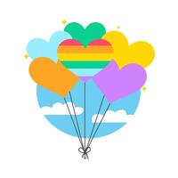 Colorful Heart Balloons Floating Against Blue Sky and Clouds with Sparkling Accents Celebrating LGBTQ Pride and Unity vector
