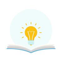 Bright Yellow Light Bulb Illuminating Open Book for Ideas and Knowledge vector