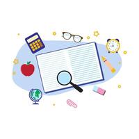 Open Notebook with Red Apple, Blue Calculator, Yellow Clock, and Brown Glasses for Learning Essentials vector