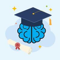 Blue Brain with Graduation Cap and Diploma Scroll Representing Knowledge and Academic Success with Yellow Red and Navy Accents vector