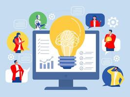 Online Meeting via Laptop,A group of diverse people discussing an idea on a laptop monitor via link. Online Business Concept vector