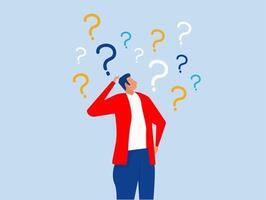 Ask questions, FAQ, problem or curiosity, businessman looking at question mark problem or curiosity, doubt and confusion to be answer, challenge and uncertainty ,illustration vector