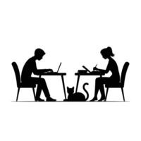 Silhouette of a couple working at home with a cat vector