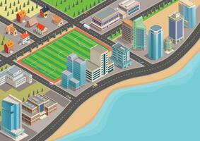 Isometric city map with residential areas and modern buildings vector