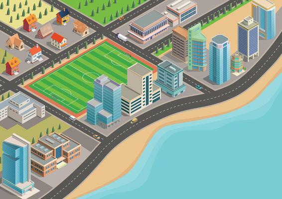 Isometric city map with residential areas and modern buildings