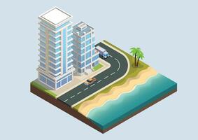 Isometric modern building with highway and beach vector