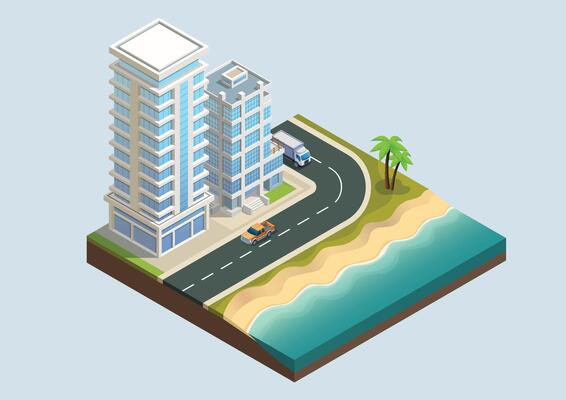 Isometric modern building with highway and beach