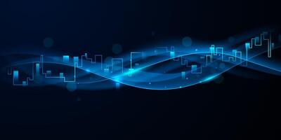 Abstract blue wave background with a city skyline vector