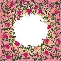 The text in the white circle framed with branches with roses and leaves on a pink background vector