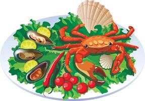 Crab in the dish with salad, tomatos and molluscs with lemon slices vector
