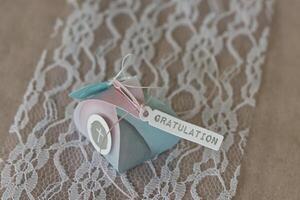 Lovingly wrapped small gift package for confirmation with ribbon and lettering GRATULATION photo