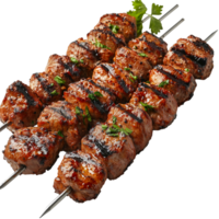 Delicious grilled meatball skewers with parsley garnish close up view isolated on transparent background png
