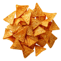 Pile of tortilla chips triangle shape snack food on a plain background isolated on transparent background png