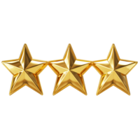 Three golden star rating for customer satisfaction and product review isolated on transparent background png