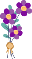 A colorful stylized illustration of a bouquet of purple flowers with green leaves tied with a ribbon with a print. png