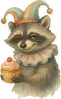 A cheerful raccoon dressed in a colorful jester hat and ruffled collar joyfully carries a cupcake topped with pink frosting and a cherry. png