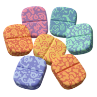 A colorful array of patterned pills is stacked together in this image, suitable for medication, health, or abstract design applications. png