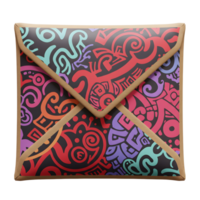 A square envelope with colorful, abstract patterns is outlined in brown, and it can be used for letters, invitations, or small documents. png
