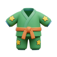 A green karate gi with yellow stars and an orange belt is presented, showcasing a playful and unique take on traditional martial arts attire. png