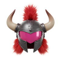 A silver Viking helmet with horns and a pink visor has red fur trim and could be used as a costume accessory. png