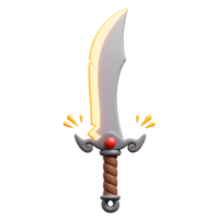 A cartoon sword with a gray blade, twisted brown handle, red gem, and glowing yellow edges is seen in this image, great for fantasy games. png