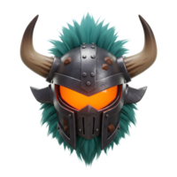 A stylized metal warrior helmet with horns, glowing orange eyes, and fluffy blue hair makes for a striking and fantastical image, suitable for digital art. png